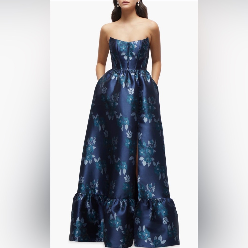 NWT Dessy Collection Midnight Navy Strapless Damask Baroque Bustier Gown Size 4